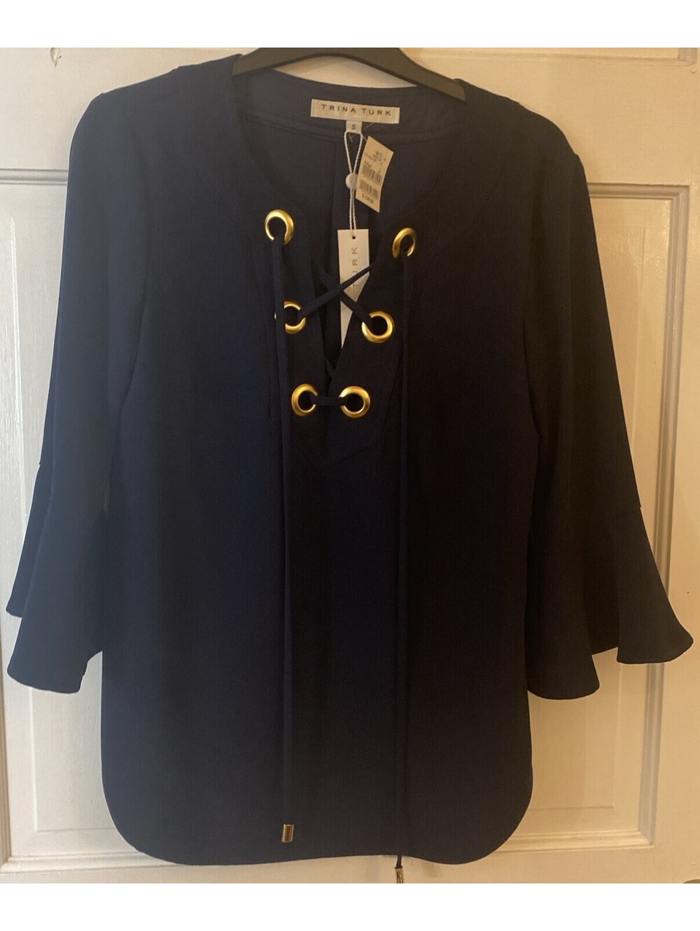 Trina Turk Xandra Bell Sleeve Nautical Navy Blue Deep V Neck Lace Up NWT S Blous